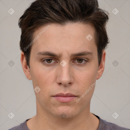 Neutral white young-adult male with short  brown hair and grey eyes