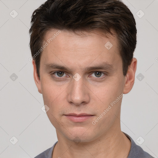 Neutral white young-adult male with short  brown hair and brown eyes