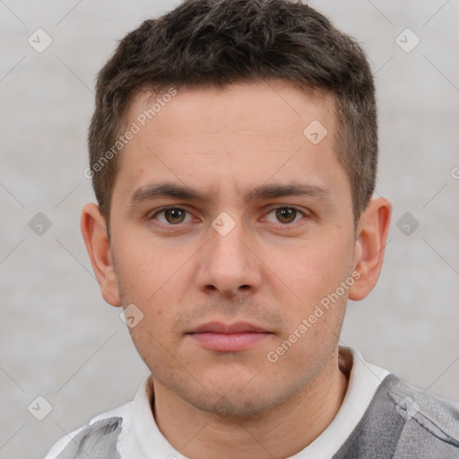 Neutral white young-adult male with short  brown hair and brown eyes