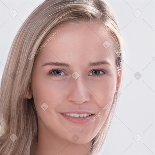 Joyful white young-adult female with long  brown hair and blue eyes