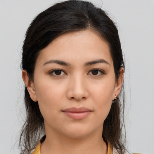 Neutral asian young-adult female with long  brown hair and brown eyes