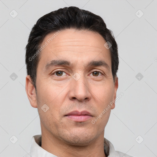 Neutral white adult male with short  black hair and brown eyes