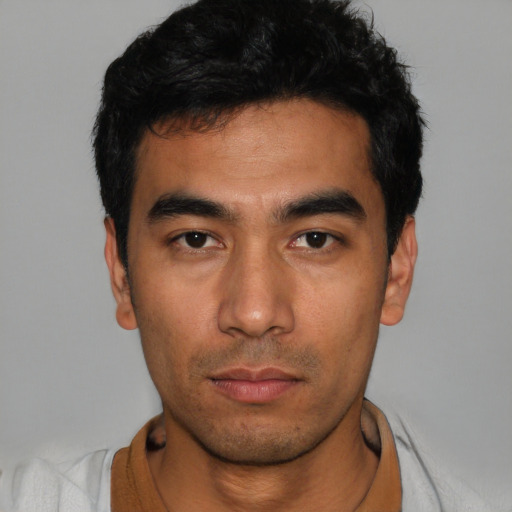 Neutral asian young-adult male with short  black hair and brown eyes