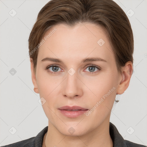 Neutral white young-adult female with short  brown hair and brown eyes