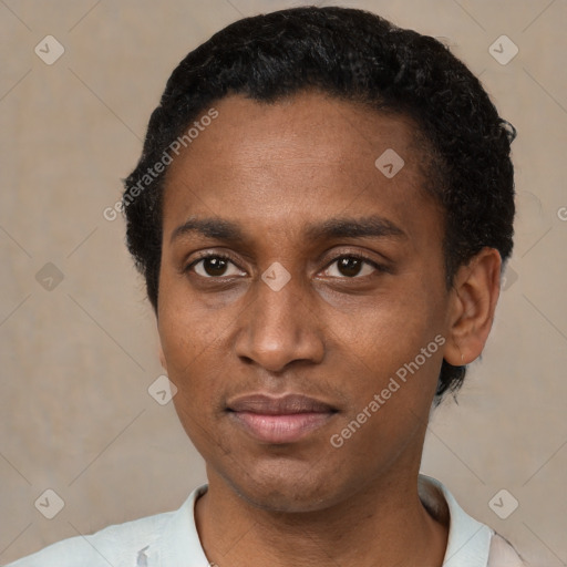 Neutral black young-adult male with short  black hair and brown eyes