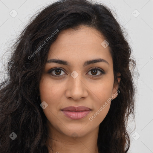 Joyful latino young-adult female with long  brown hair and brown eyes