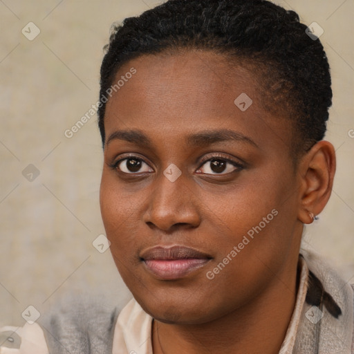 Joyful black young-adult female with short  black hair and brown eyes