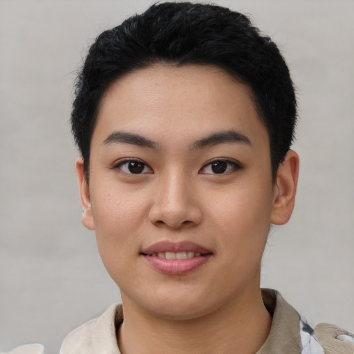 Joyful asian young-adult female with short  black hair and brown eyes