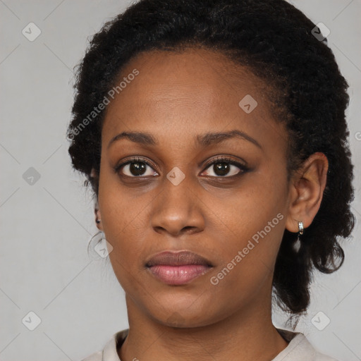 Neutral black young-adult female with short  black hair and brown eyes