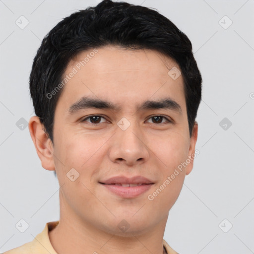 Joyful white young-adult male with short  black hair and brown eyes