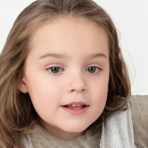 Neutral white child female with medium  brown hair and grey eyes