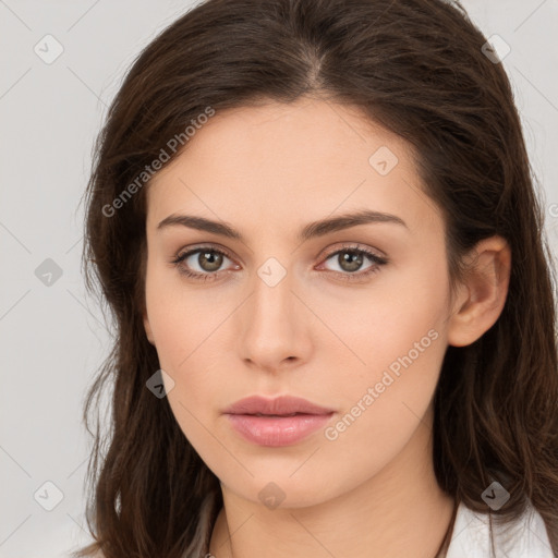 Neutral white young-adult female with long  brown hair and brown eyes