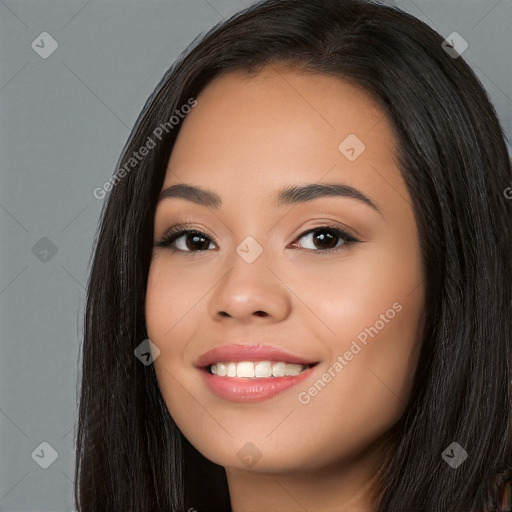 Joyful white young-adult female with long  black hair and brown eyes