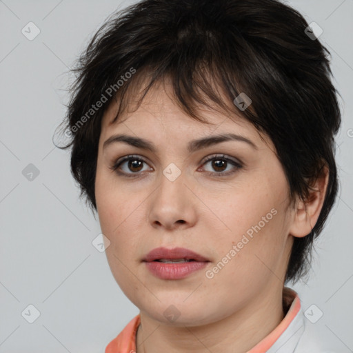 Neutral white young-adult female with medium  brown hair and brown eyes