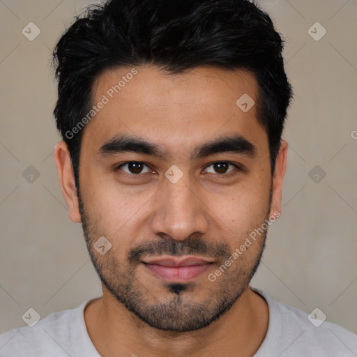 Joyful asian young-adult male with short  black hair and brown eyes