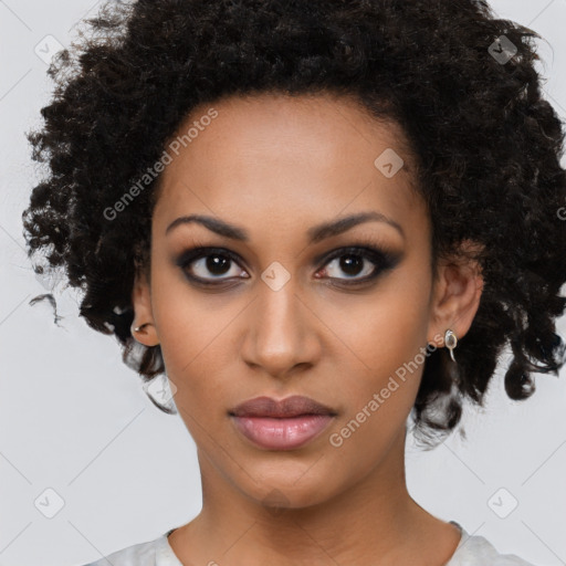 Joyful black young-adult female with medium  black hair and brown eyes