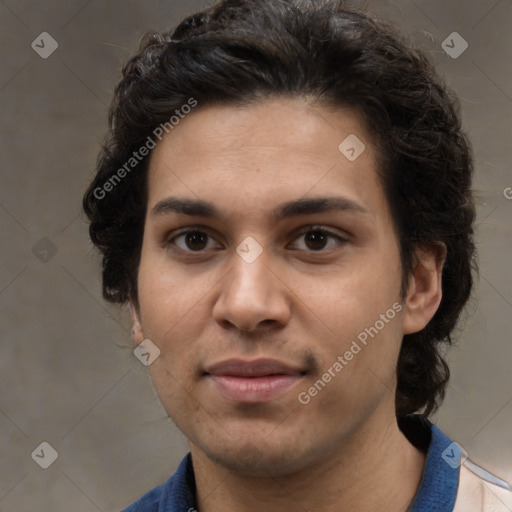 Joyful white young-adult male with medium  brown hair and brown eyes