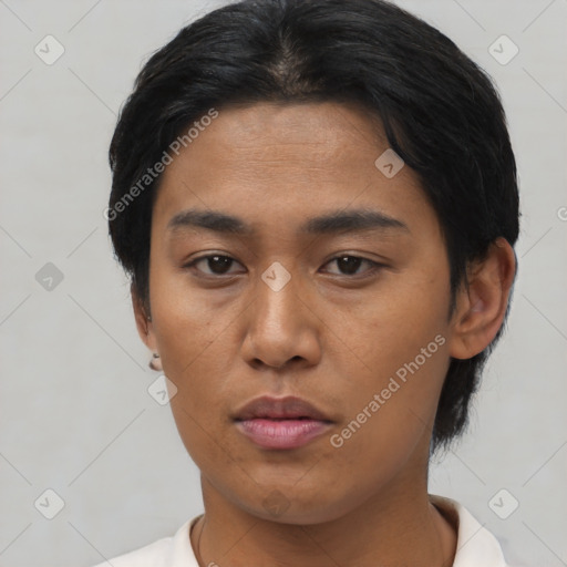 Neutral asian young-adult female with short  black hair and brown eyes