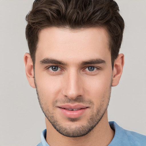 Neutral white young-adult male with short  brown hair and brown eyes