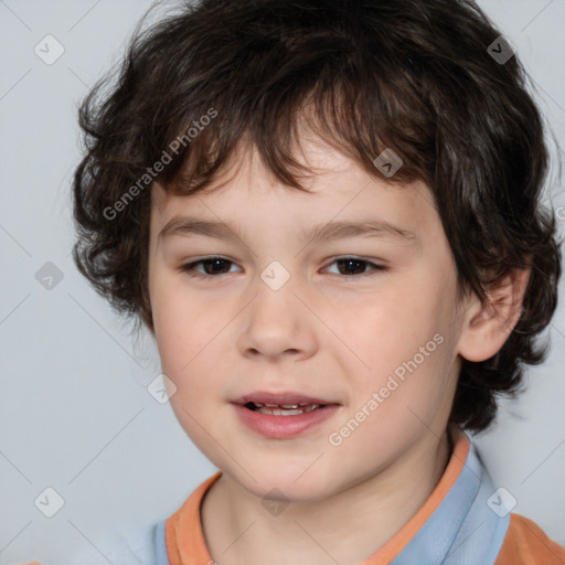 Joyful white child female with medium  brown hair and brown eyes