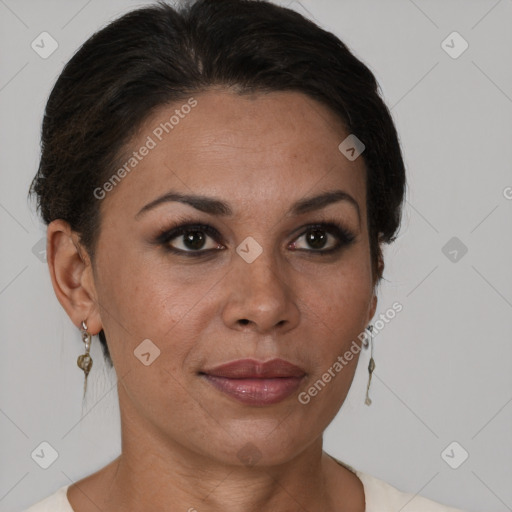 Joyful black adult female with short  brown hair and brown eyes