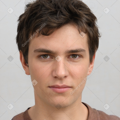 Neutral white young-adult male with short  brown hair and grey eyes