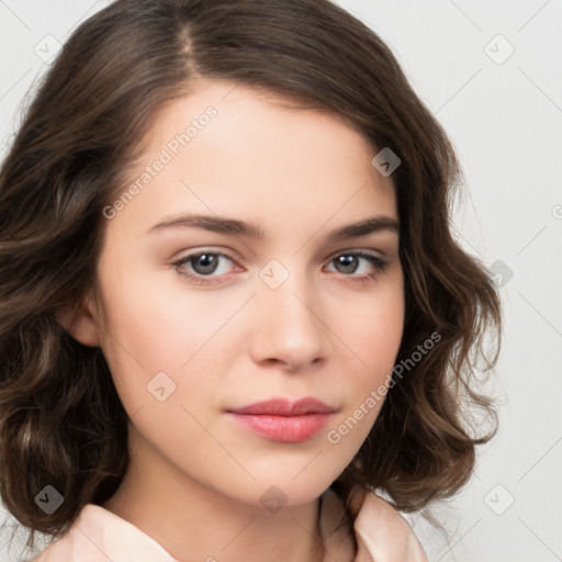 Neutral white young-adult female with medium  brown hair and brown eyes