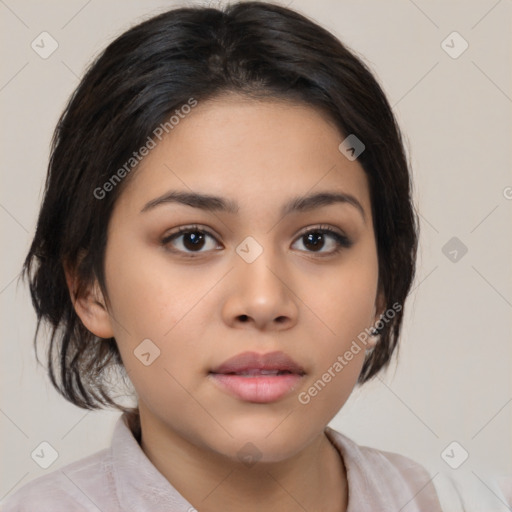 Neutral latino young-adult female with medium  brown hair and brown eyes