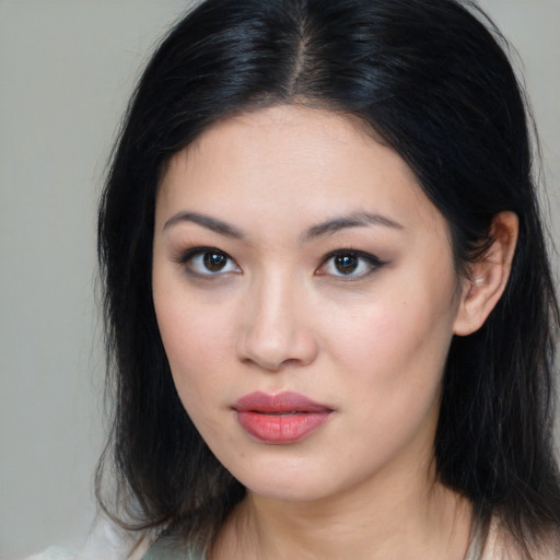 Neutral asian young-adult female with long  brown hair and brown eyes