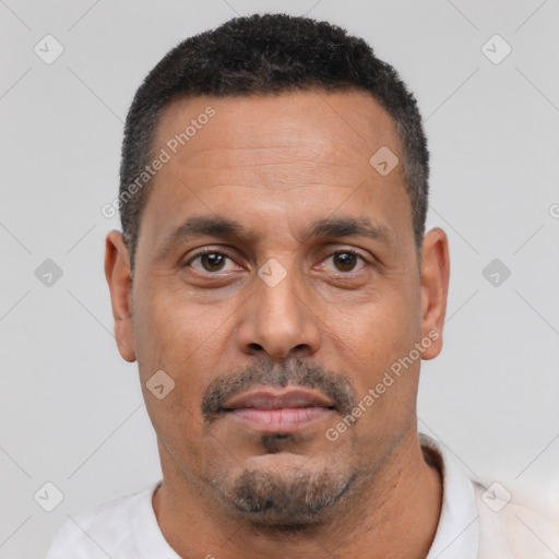 Neutral white adult male with short  black hair and brown eyes