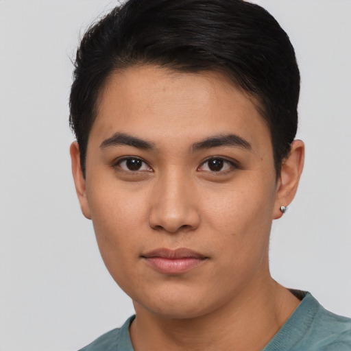 Neutral asian young-adult male with short  black hair and brown eyes