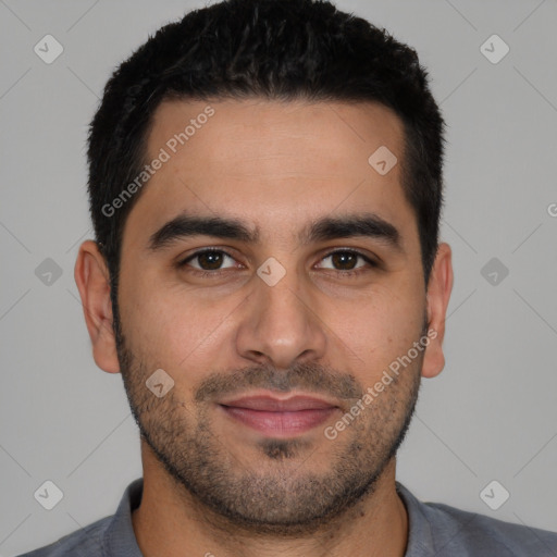 Joyful white young-adult male with short  brown hair and brown eyes