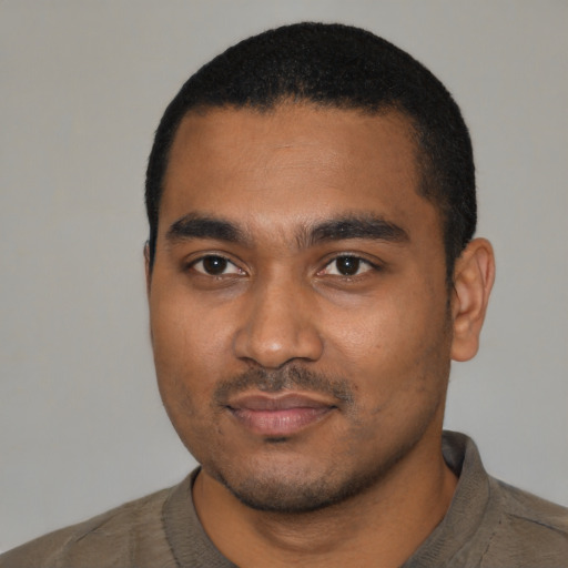 Neutral black young-adult male with short  black hair and brown eyes