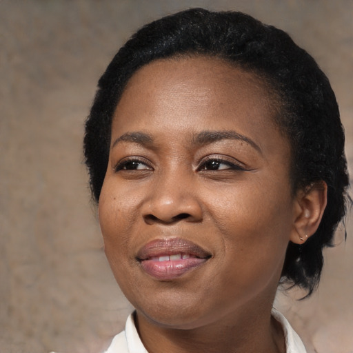Joyful black adult female with medium  black hair and brown eyes