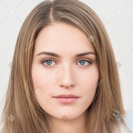 Neutral white young-adult female with long  brown hair and brown eyes