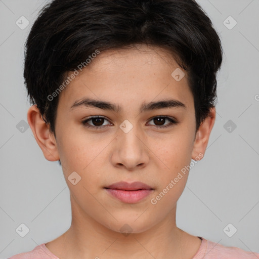 Neutral white young-adult female with short  brown hair and brown eyes