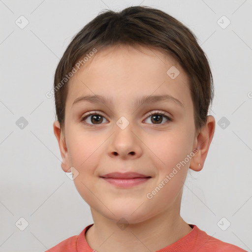 Joyful white child female with short  brown hair and brown eyes