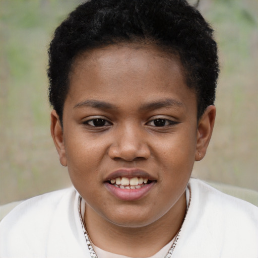Joyful black child female with short  brown hair and brown eyes