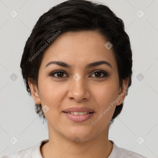 Joyful latino young-adult female with short  brown hair and brown eyes