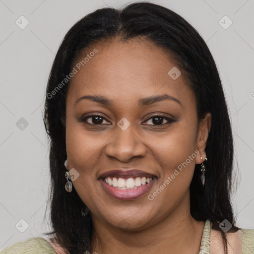 Joyful black young-adult female with medium  brown hair and brown eyes