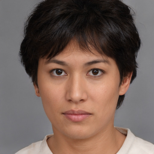Neutral white young-adult female with short  brown hair and brown eyes