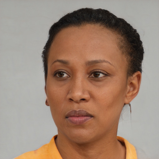 Neutral black adult female with short  black hair and brown eyes