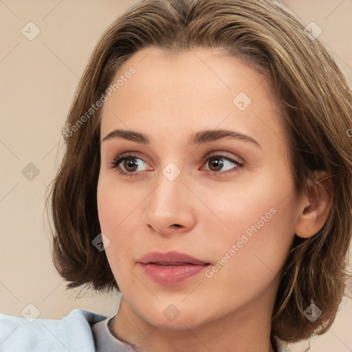 Neutral white young-adult female with medium  brown hair and brown eyes