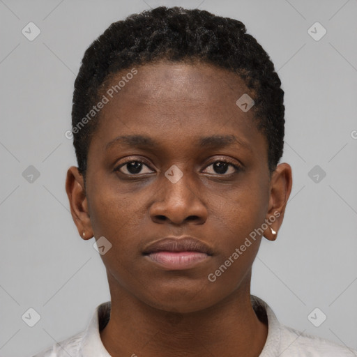 Neutral black young-adult female with short  brown hair and brown eyes