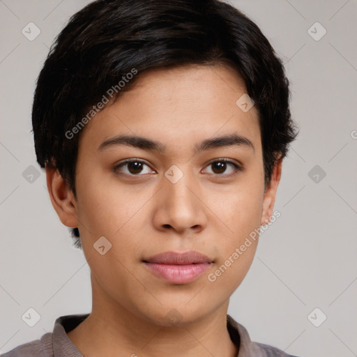 Neutral white young-adult female with short  brown hair and brown eyes