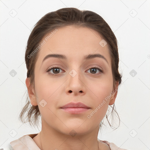 Neutral white young-adult female with medium  brown hair and brown eyes