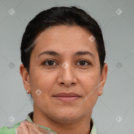 Joyful white adult female with short  brown hair and brown eyes