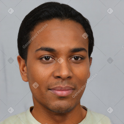Neutral black young-adult male with short  black hair and brown eyes
