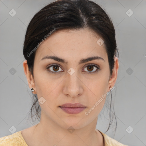 Neutral white young-adult female with medium  brown hair and brown eyes