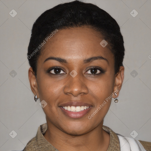 Joyful latino young-adult female with short  black hair and brown eyes